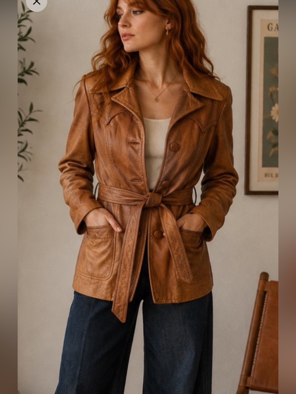 Vintage Hippie Western Leather Belted Jacket Cognac Perforated 70s Boho Made US